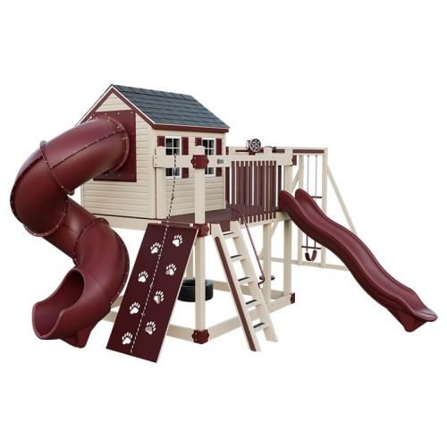 cabin deluxe playhouse with swing almond red front left