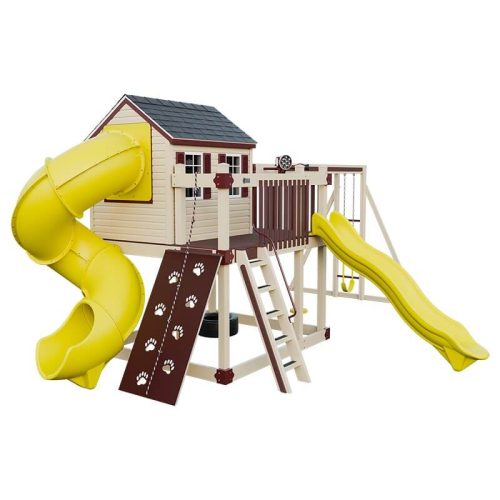 cabin deluxe playhouse with swing almond red yellow front left