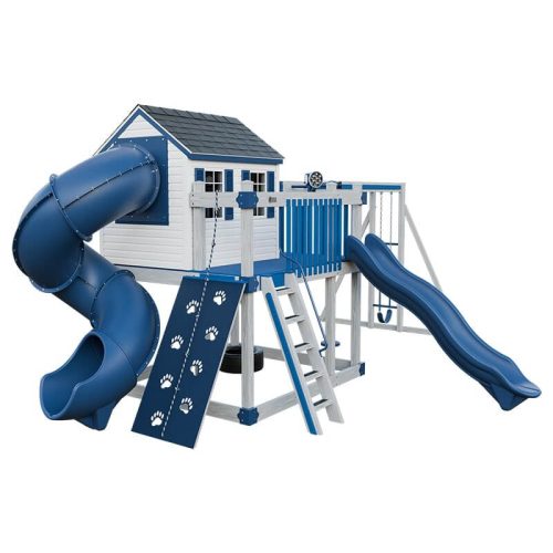 cabin deluxe playhouse with swing ash wood blue front left