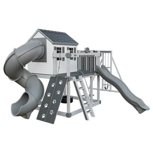 cabin deluxe playhouse with swing ash wood gray front left