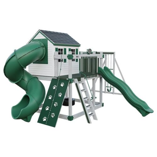 cabin deluxe playhouse with swing ash wood green front left