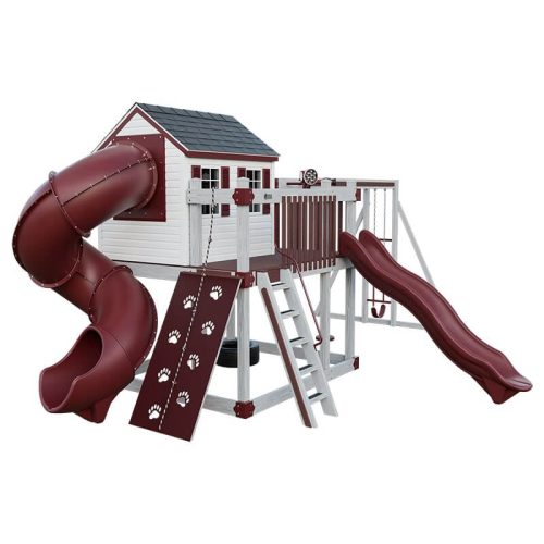 cabin deluxe playhouse with swing ash wood red front left