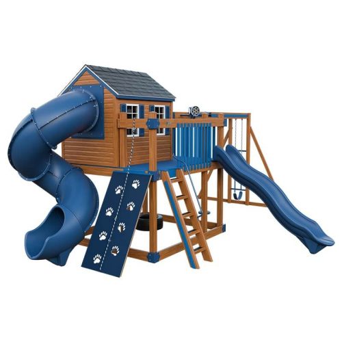 cabin deluxe playhouse with swing chestnut wood blue front left