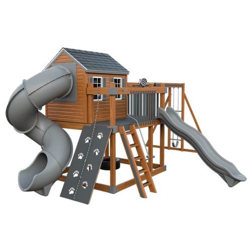 cabin deluxe playhouse with swing chestnut wood gray front left