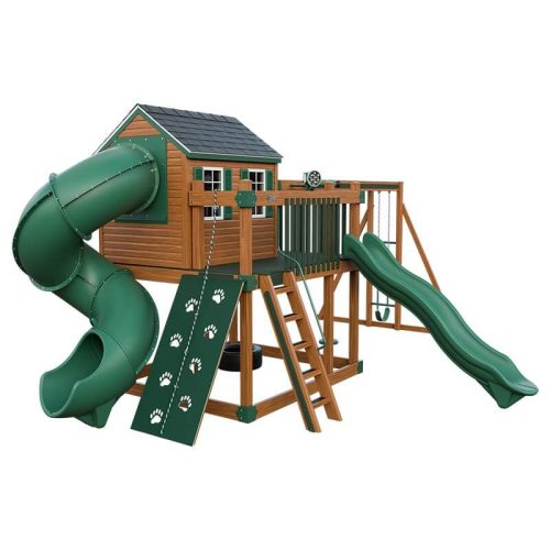 cabin deluxe playhouse with swing chestnut wood green front left