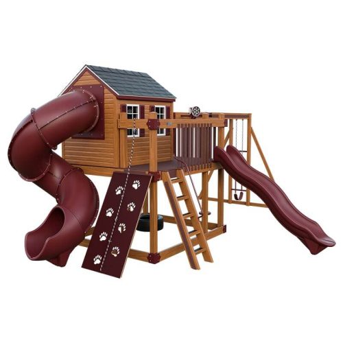 cabin deluxe playhouse with swing chestnut wood red front left