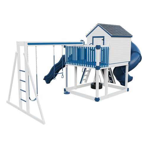 cabin deluxe playhouse with swing white blue back left