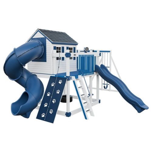 cabin deluxe playhouse with swing white blue front left