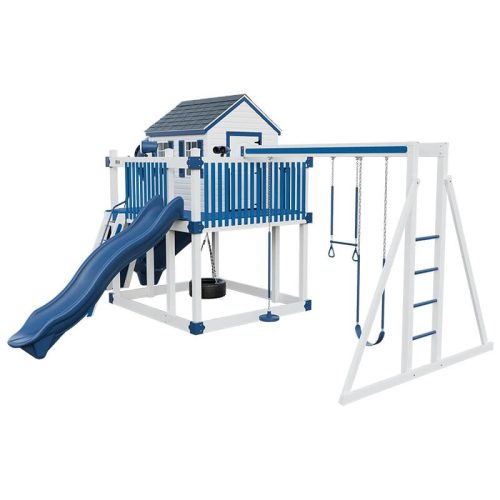 cabin deluxe playhouse with swing white blue front right