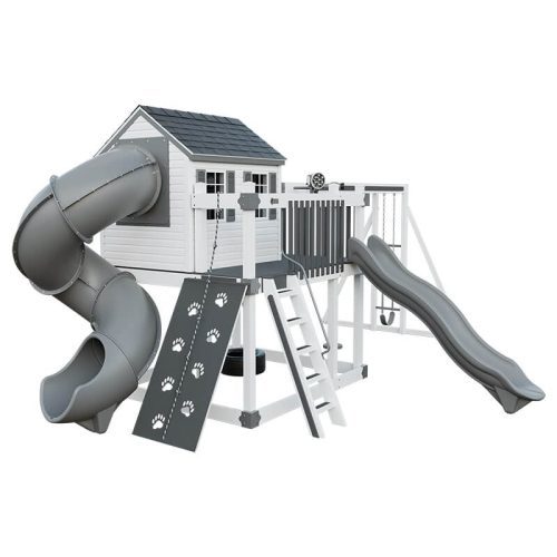 cabin deluxe playhouse with swing white gray front left