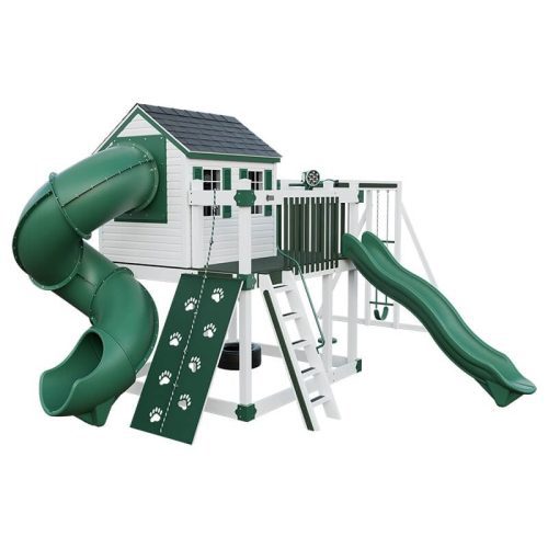 cabin deluxe playhouse with swing white green front left