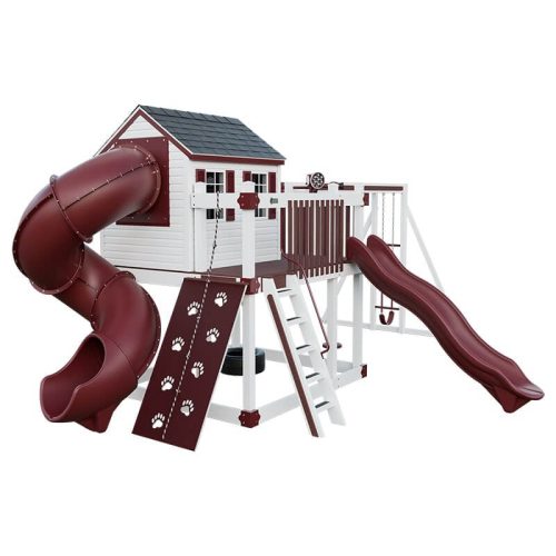 cabin deluxe playhouse with swing white red front left