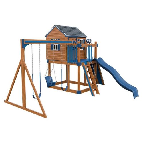 cabin vinyl playhouse chestnut wood blue front left