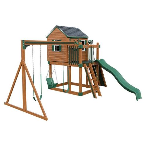 cabin vinyl playhouse chestnut wood green front left