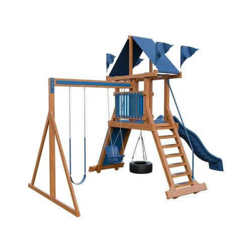 climber 35 vinyl swing set chestnut wood blue front left