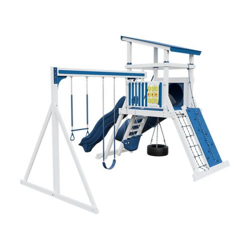 climber 55 deluxe vinyl swing set white blue back left