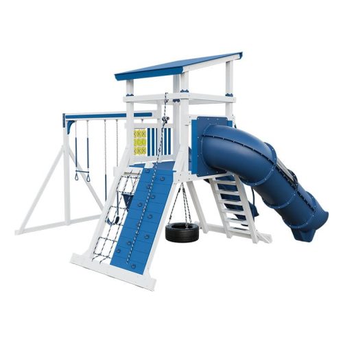 climber 55 deluxe vinyl swing set white blue back right