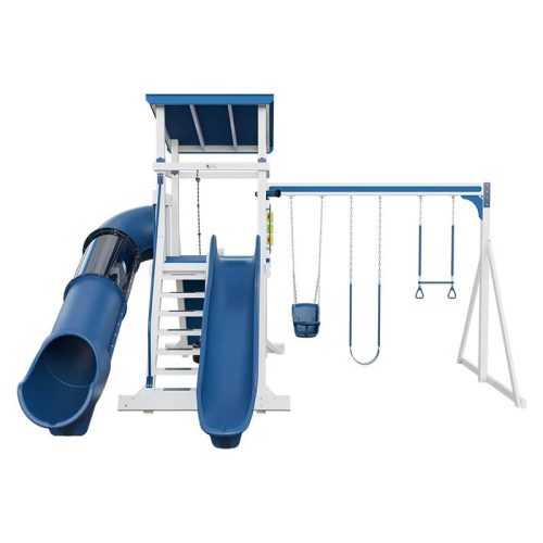 climber 55 deluxe vinyl swing set white blue front