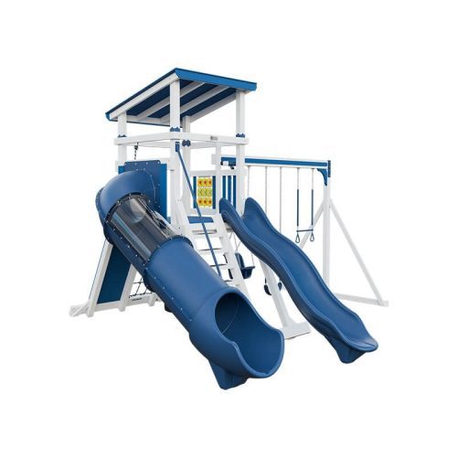 climber 55 deluxe vinyl swing set white blue front left