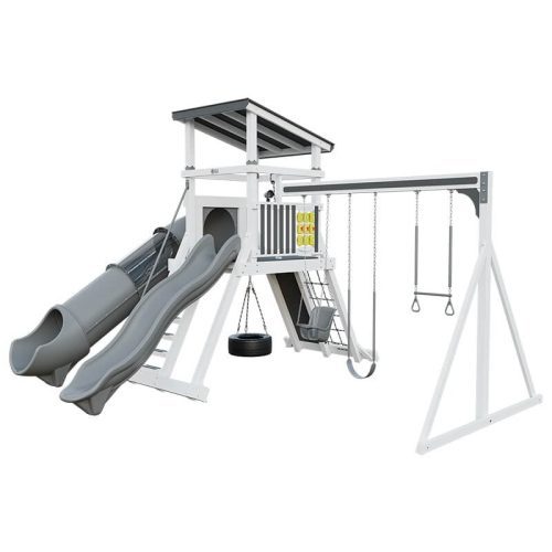 climber 55 deluxe vinyl swing set white gray front right