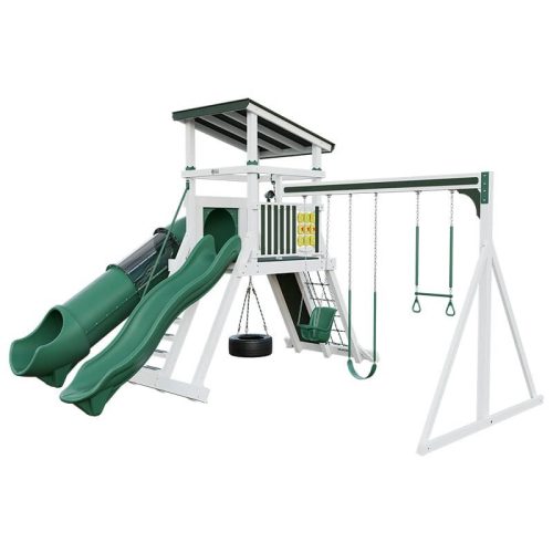 climber 55 deluxe vinyl swing set white green front right