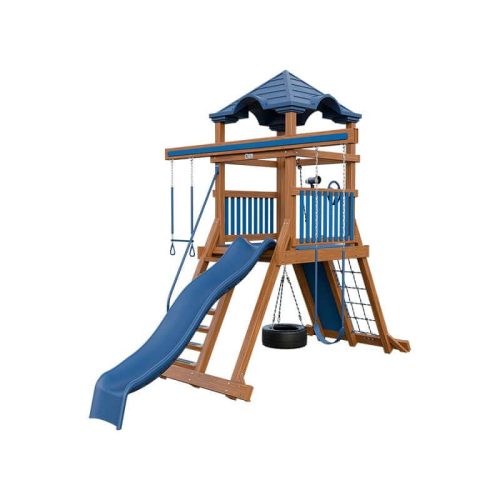 climber 55 vinyl swing set chestnut wood blue front right