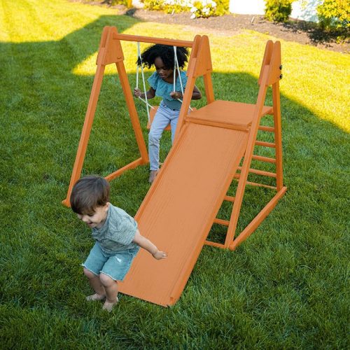 juniper real wood folding playset chesnut boy slide girl swing