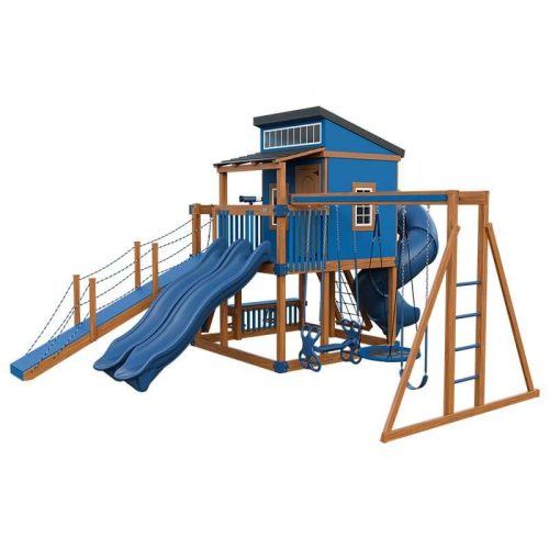 kingdom lodge deluxe vinyl playhouse chestnut wood blue front right