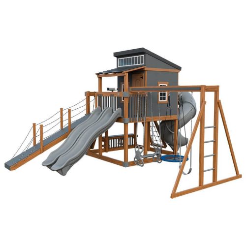 kingdom lodge deluxe vinyl playhouse chestnut wood gray front right