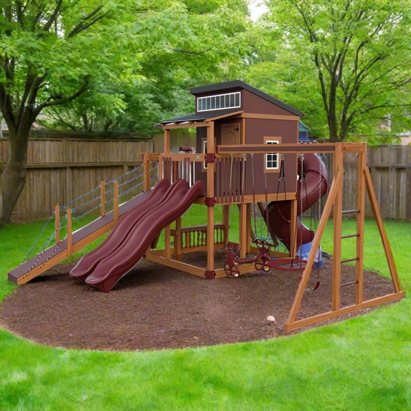 kingdom lodge deluxe vinyl playhouse chestnut wood red front right