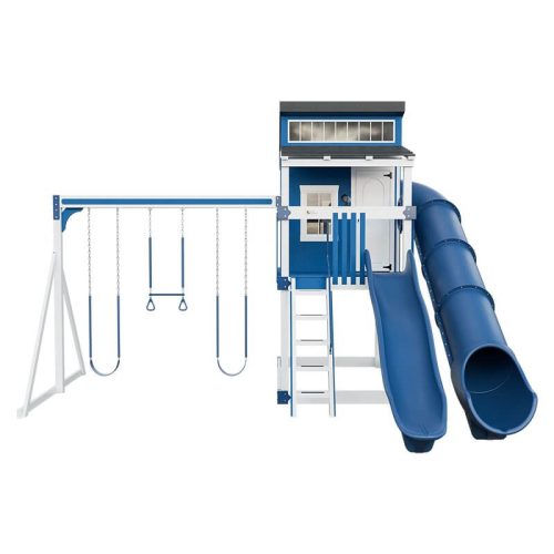 kingdom lodge playhouse with slide and swing white blue front