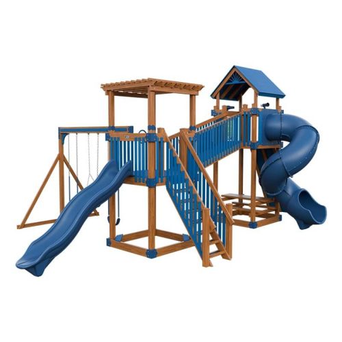 traverse amish made vinyl playset chestnut wood blue front right