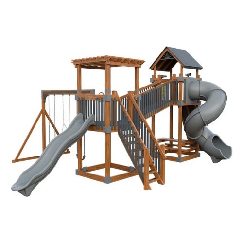 traverse amish made vinyl playset chestnut wood gray front right