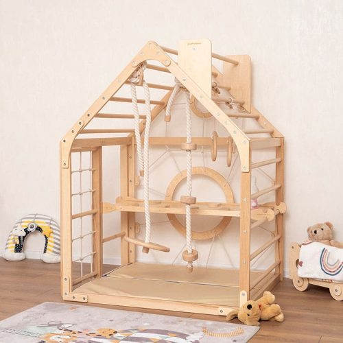 wooden climbing playhouse interior side angle