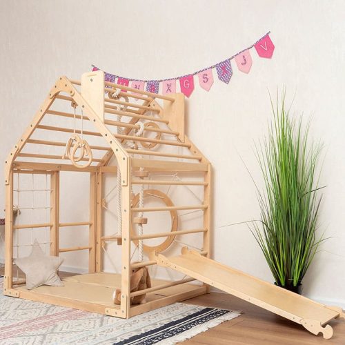 wooden climbing playhouse left side ramp